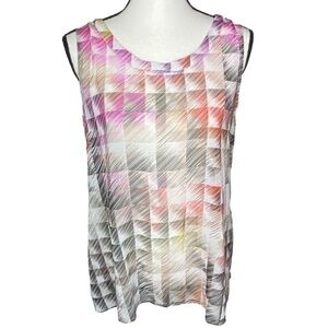 Lynn Ritchie Top Silver Sheer Geometric Print Keyhole Back Tank Blouse Size M
